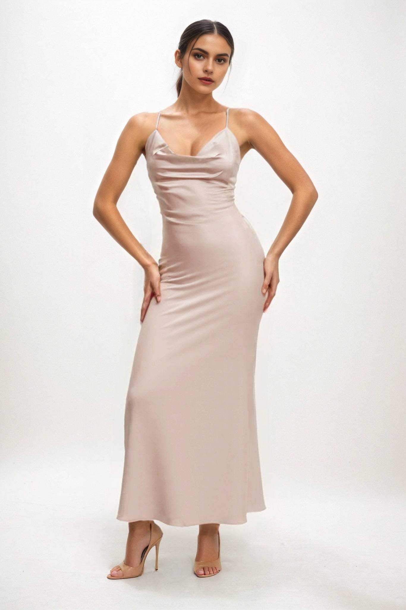 Sheath-Column Midi Luxe Satin Bridesmaid Dress CB0831 - COCOMELODY
